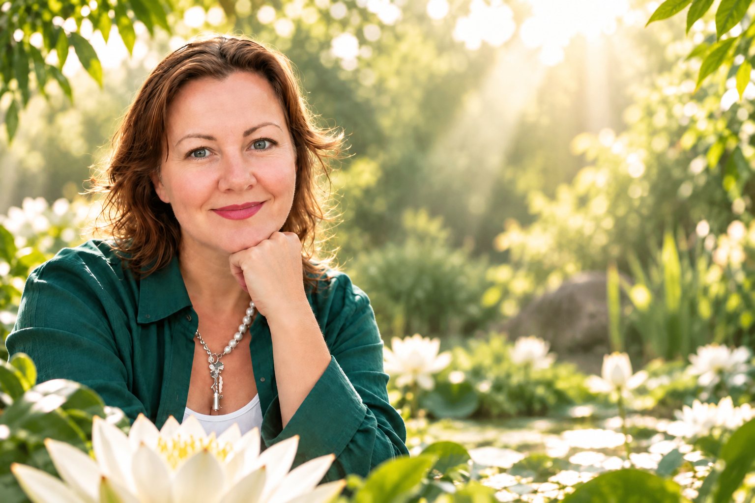 Yana Fakhurdinova in a sunlit garden among white lotus flowers